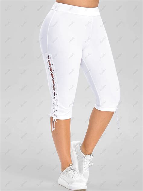 OFF Lace Up Side High Waisted Plus Size Capri Pants In WHITE DressLily