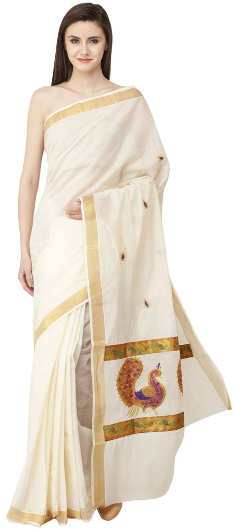 Ivory Kasavu Sari From Kerala With Embroidered Peacocks And Golden Border Exotic India Art