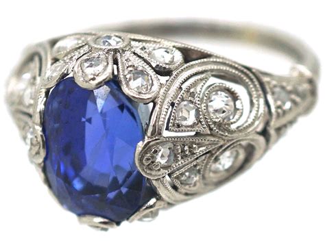 Art Deco Sapphire And Diamond Ring With Highly Ornate Mount 169p The
