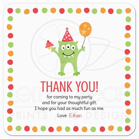 Thank You Card For Kids Birthday Monster With Three Eyes Balloon And
