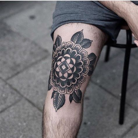 Blackwork Style Floral Mandala Tattoo On The Right Knee By Jonas