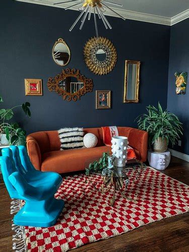 burnt orange and navy blue living room