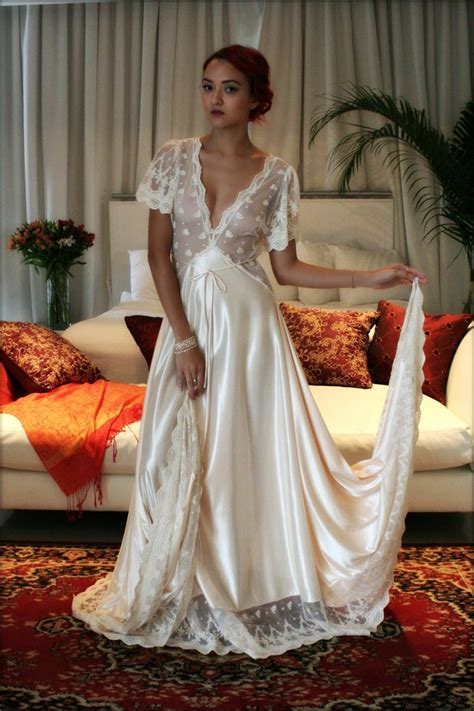 Bridal Nightgown Amelia Satin Embroidered Lace Wedding Etsy Bridal Nightgown Bridal