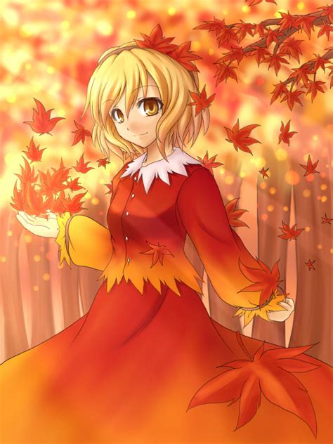 Safebooru Aki Shizuha Autumn Autumn Leaves Blonde Hair Hair Ornament Leaf Leaf On Head Light