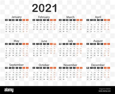 Calendario 2021 La Semana Comienza El Lunes Ilustración Vectorial Diseño Plano Imagen Vector