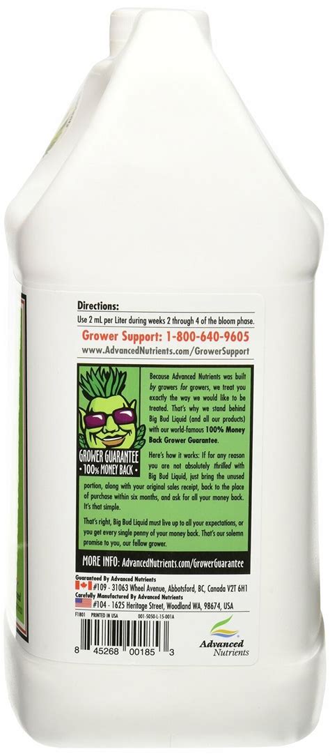 Advanced Nutrients Gl525050 15 Big Bud Liquid Fertilizer 4 Liter Brown
