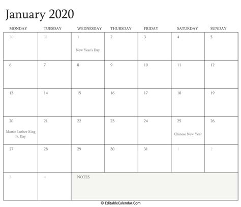 January 2020 Editable Calendar With Holidays