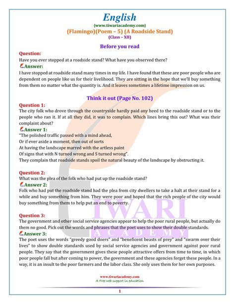 Ncert Solutions For Class 12 English Poem 5 A Roadside Stand
