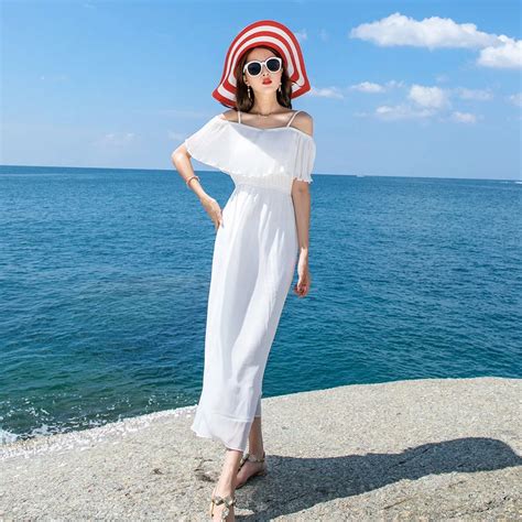 Sexy Off Shoulder Summer Long Dress Women Sling White Party Beach Dress 2018 Chiffon Spaghetti
