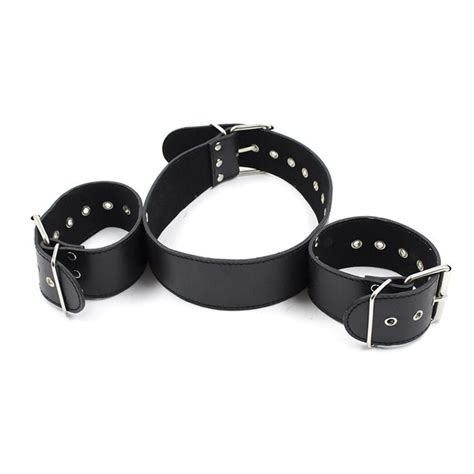 Black Leather Neck Collar Handcuffs Erotic Positioning Bandage Slave
