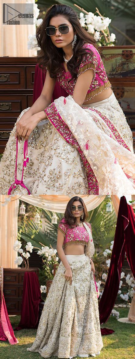 Latest Enagement Dress Shocking Pink Blouse Ivory Lehenga Dupatta
