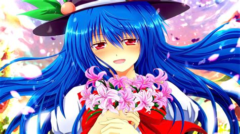 Anime Anime Girls Blue Hair Long Hair Hat Red Eyes Open Mouth Smiling Touhou Hinanawi Tenshi