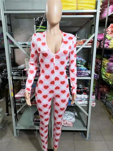 Women Jumpsuit Valentine Day Onesie Long Sleeve Bodysuit Sexy Adult Lip