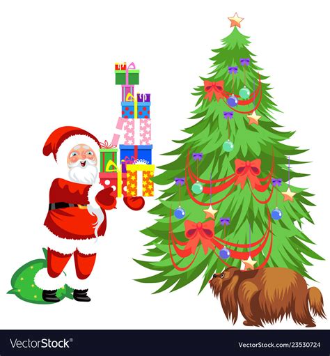 Cartoon Santa Claus Putting Presents Under Vector Image