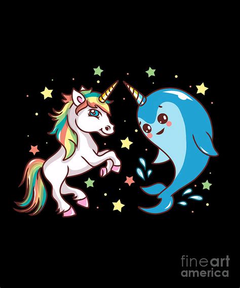 Cute Funny Horned Narwhal And Unicorn Friends Digital Art By The
