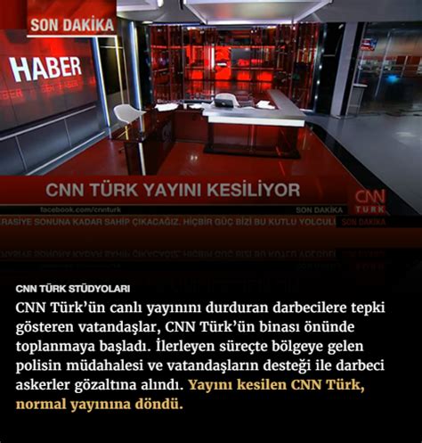 Çağımızda dünyadan haberdar olmak için tv karşısına hapsolmak gerekmediği gibi cnn türk televizyonunu canlı ve kesintisiz izlemek için sadece internet bağlantınızın olması yeterlidir. #15Temmuz Saat: 04:30 (Cumartesi) CNN TÜRK STÜDYOLARI CNN ...