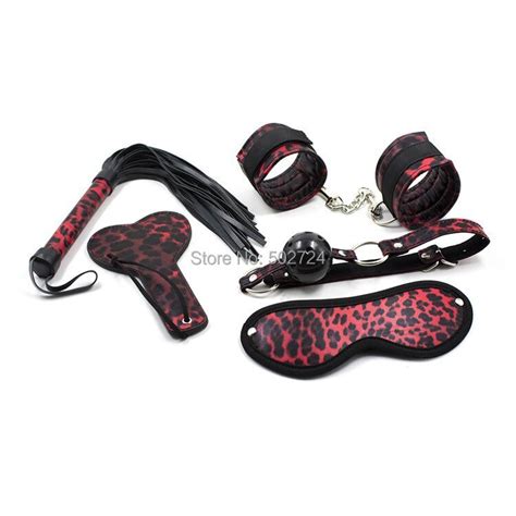 Adult Games 5 In 1 Leopard Decorated Whip Hand Clap Blindfold Handcuffs Mouth Gag Sex Fetish