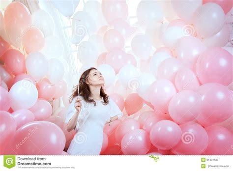 Girl In White Flies Among Pink Balloons Stock Image Image Of Pastel