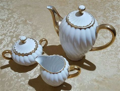 Details About Antique Gold Rimmed White Porcelain Tea Coffee Pot Set