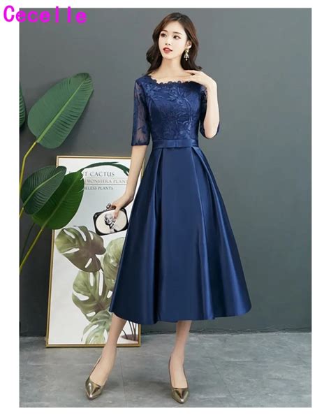 Vintage Tea Length Navy Blue Short Modest Bridesmaid Dresses With Half