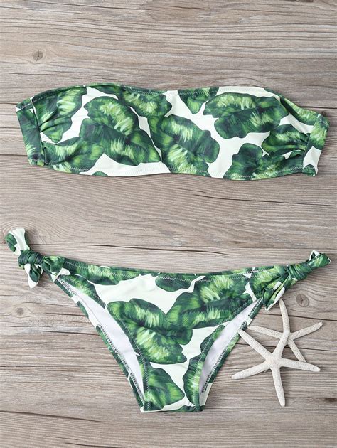 41 OFF 2021 Strapless Leaf Print Ruched Bikini Set In GREEN DressLily