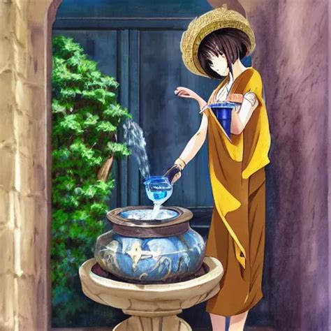 An Anime Waifu In A Greek Attire Pouring Water Out Of Stable
