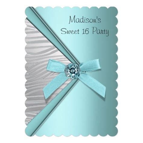 Teal Blue Silver Zebra Sweet 16 Party Invitation Sweet 16 Party Invitations