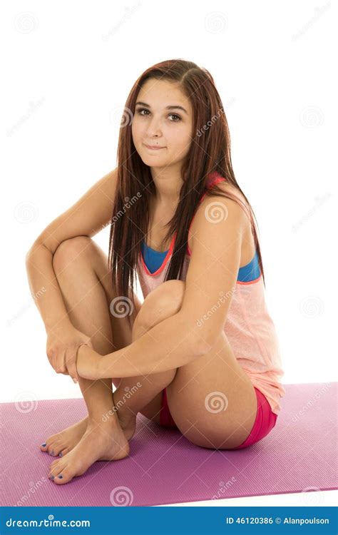 Woman Fitness Pink Sit Knees Up Stock Photo Image Of Adult Brunette