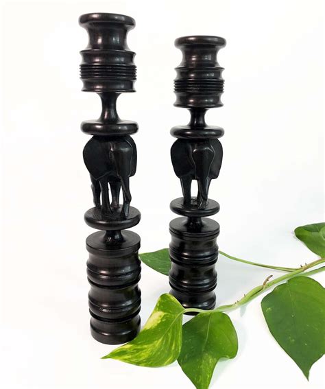 Vintage Ebony Candlestick Holders Set Of 2 Pair Of Dark Solid Wood