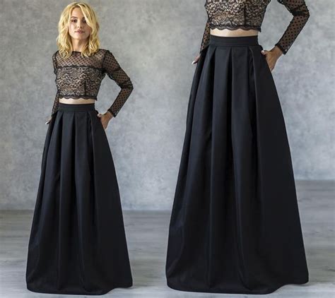 elegant a line black skirt maxi skirt with pleats classic floor length skirt with pockets