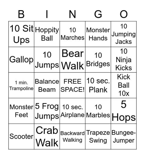 Gross Motor Bingo Card