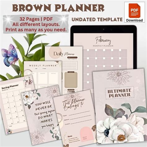 Pdf Undated Brown Planner Template Planner Inserts Monthly Weekly