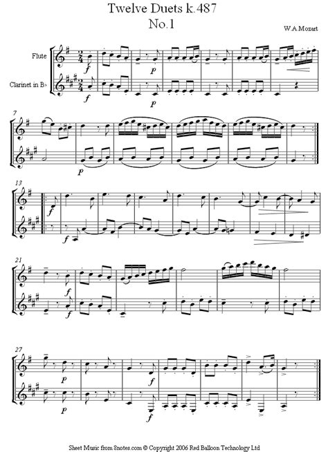 Flute Clarinet Duet Mozart K487 No1 Sheet Music