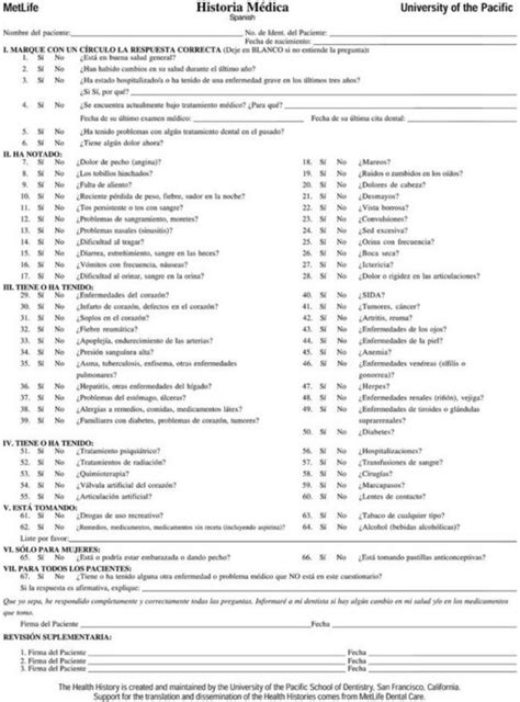 Medical History Questionnaire Form In Spanish Gambaran
