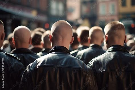 Back View Of Group Of Skinhead Neo Nazis In Leather Jackets Ilustração