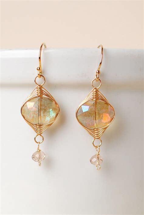 Herringbone Pale Gold Oblong Dangle Earrings Crystal Dangle Earrings