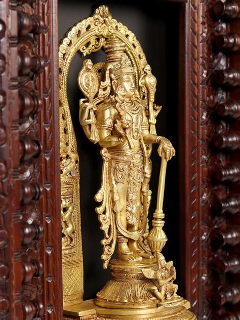 27 Four Armed Standing Vishnu In Brass Wooden Wall Hanging Frame