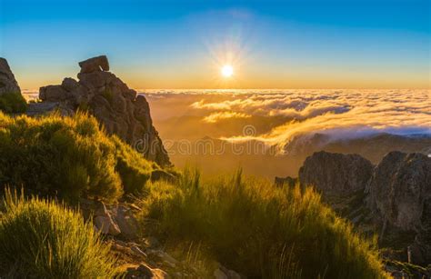 Nature Background Sunrise Over Clouds Top Pico Do Arieiro Mountain