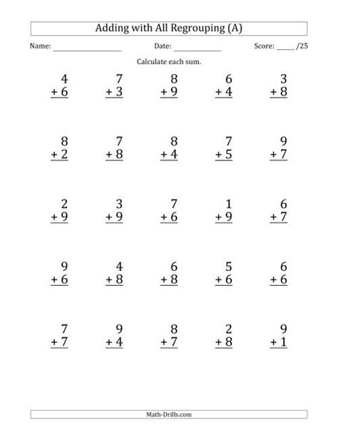 25 Single Digit Addition Questions With All Regrouping A