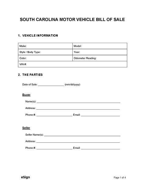 Free South Carolina Motor Vehicle Bill Of Sale Form Pdf Word