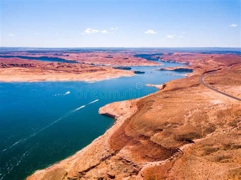 Aerial View Of The Lake Powell From Above Near Glen Canyon Dam And Page