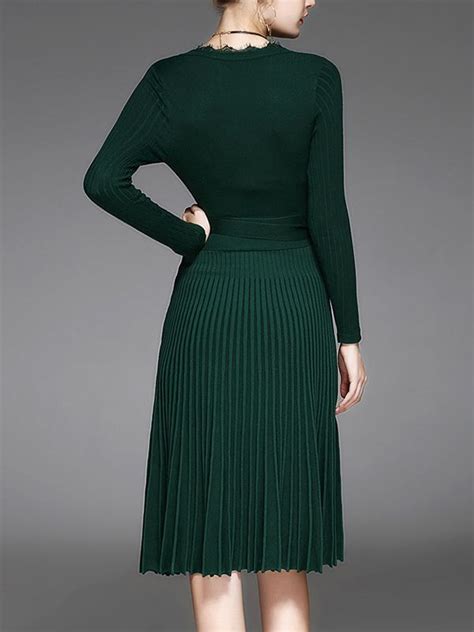 Green Wrap V Neck Knitted Rib Pleated Midi Dress Metisu Kleider