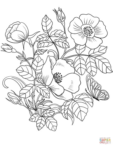 Our first spring coloring page has bumblebees enjoying the pollen of blossoming flowers, under fluffy clouds. Spring Flowers coloring page | Free Printable Coloring Pages