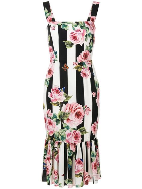 Dolce And Gabbana Striped Rose Print Dress Lyst