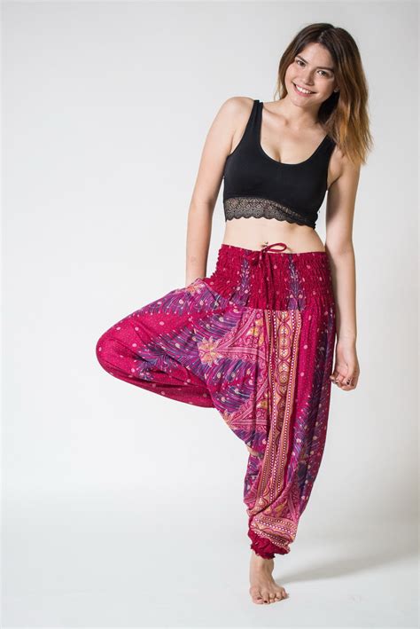Peacock Feathers 2 In 1 Jumpsuit Harem Pants In Red