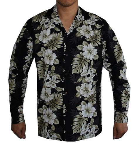 Men S Long Sleeve Floral Panel Hawaiian Aloha Shirt Black