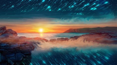 Seascape Sunset And Shooting Stars 4k Wallpaper