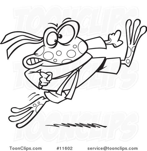 Cartoon Outlined Ninja Frog Kicking 11602 By Ron Leishman