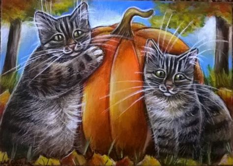Gray Tabby Cat Kitten Autum Fall Halloween Pumpkin Orig 7x5 Art