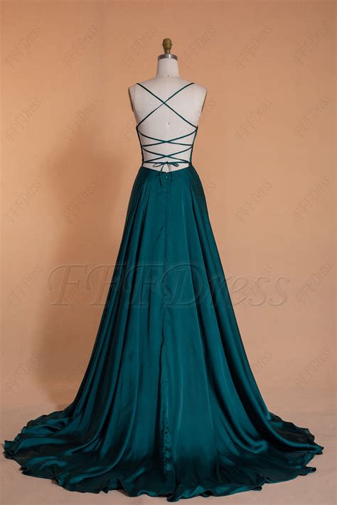 Dark Green Backless Long Prom Dresses With Slit Fffdress